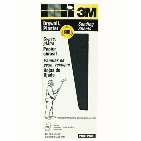 3M 4-3/16"x11-1/4" Drywall Adhesives Drywall Sanding Sheet 80D-Gr, PK 25 99433